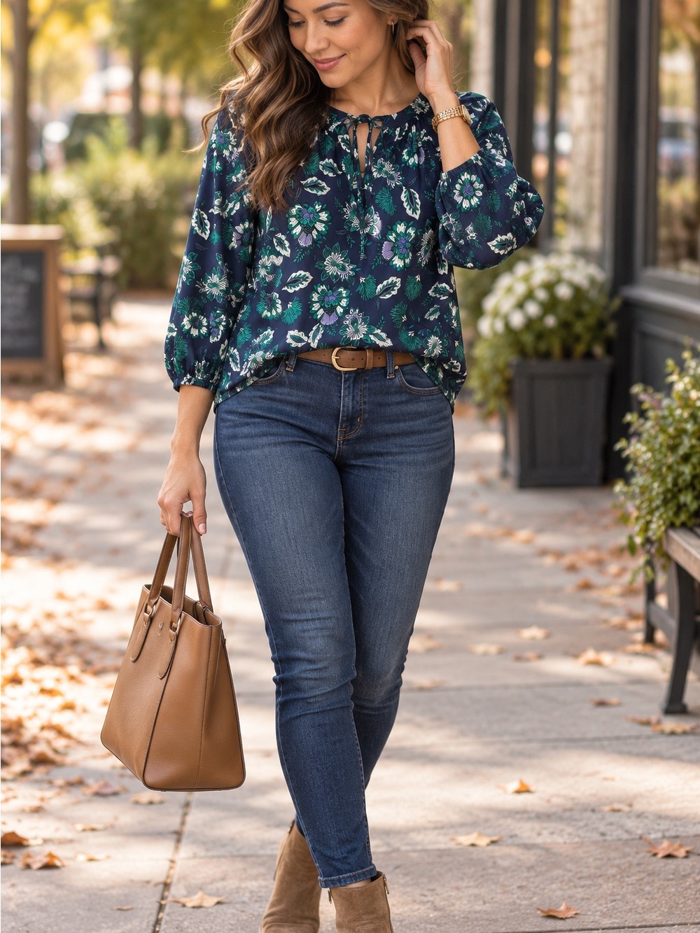 LOFT Navy and Green Floral Tie Neck Puff Sleeve Boho Blouse size S